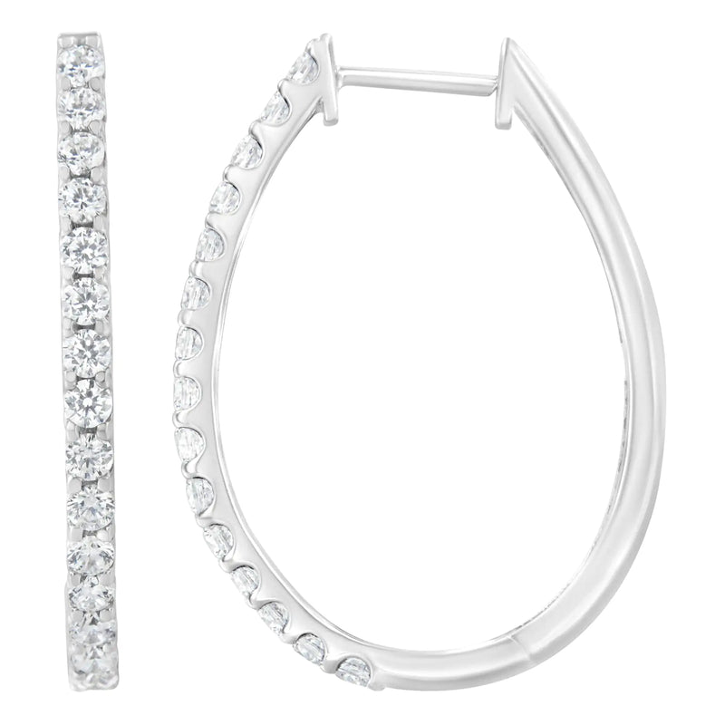 14K White Gold 2.0 Cttw Round Brilliant Cut Diamond Oblong Hinged Leverback Hoop Earrings (I-J Color, I1-I2 Clarity)