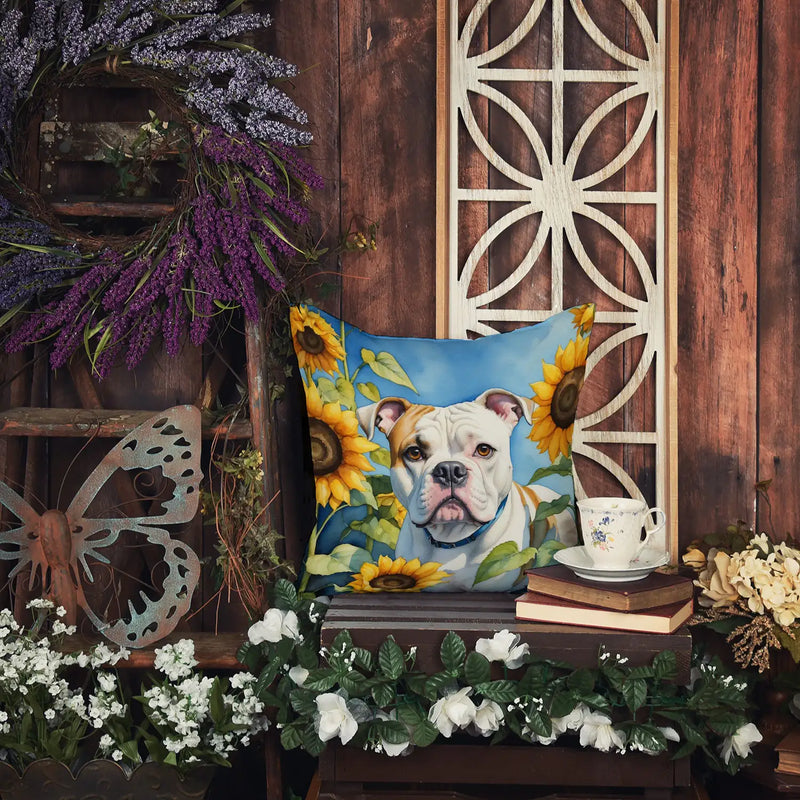 American Bulldog in Sunflowers Throw Pillow