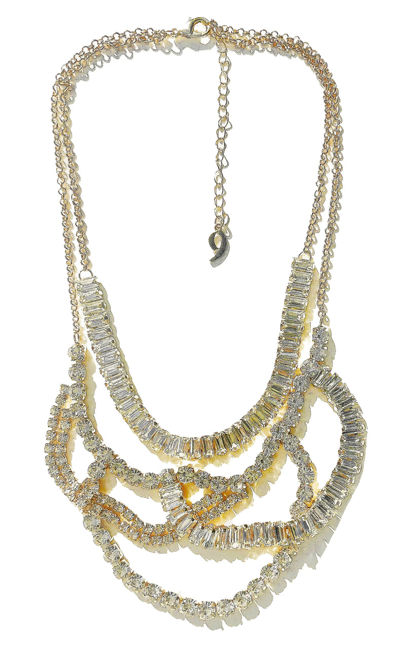 Crystal Draped Rhinestone Layered Statement Necklace - Gold Plated