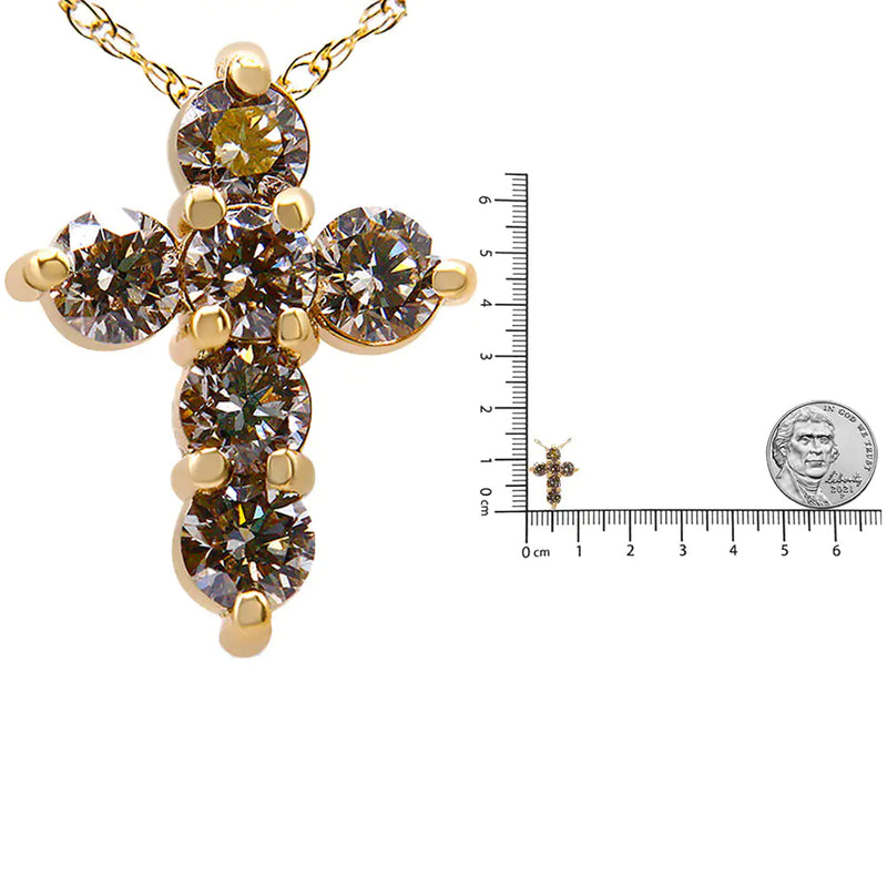 14K Yellow Gold 1/2 Cttw Round-Cut Diamond Mini Cross 18" Pendant Necklace (J-K Color, VS2-SI1 Clarity)