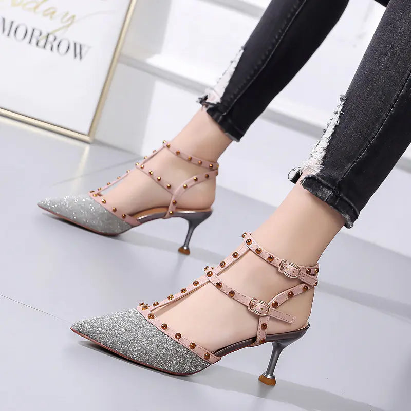 Pointed Toe Stiletto Sandals with Studded Straps