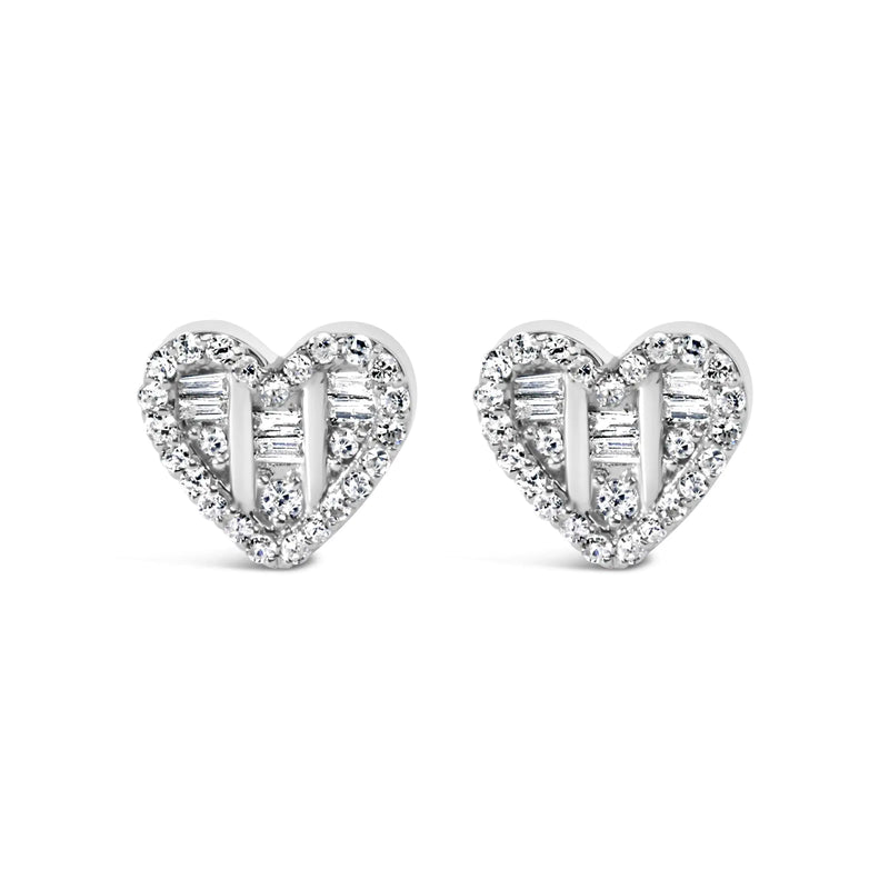 .925 Sterling Silver 1/2 Cttw Round and Baguette Diamond Composite Heart Shaped Stud Earring (I-J Color, SI2-I1 Clarity)