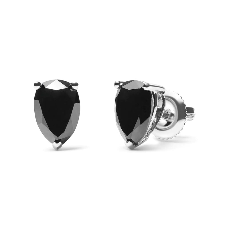 14K White Gold Treated Black Pear Shaped Solitaire Diamond 3 Prong Stud Earrings (Black Color, VS2-SI1 Clarity)