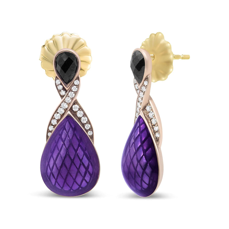 18K Rose Gold Flash Plated .925 Sterling Silver Purple Enamel 1/5 Cttw Round Pave-Set Diamond and 5.5 x 4mm Pear-Shaped Black Onyx Drop Earrings (F-G Color, VS1-VS2 Clarity)