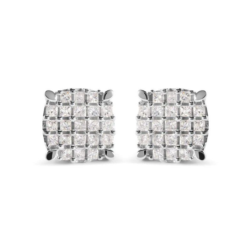 10K White Gold 3/4 Cttw Princess Diamond Composite Cushion Shape Stud Earrings (I-J Color, I1-I2 Clarity)