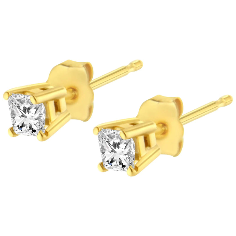 AGS Certified 14k Gold 4-Prong Set Princess-Cut Solitaire Diamond Push Back Stud Earrings (I-J Color, SI1-SI2 Clarity)