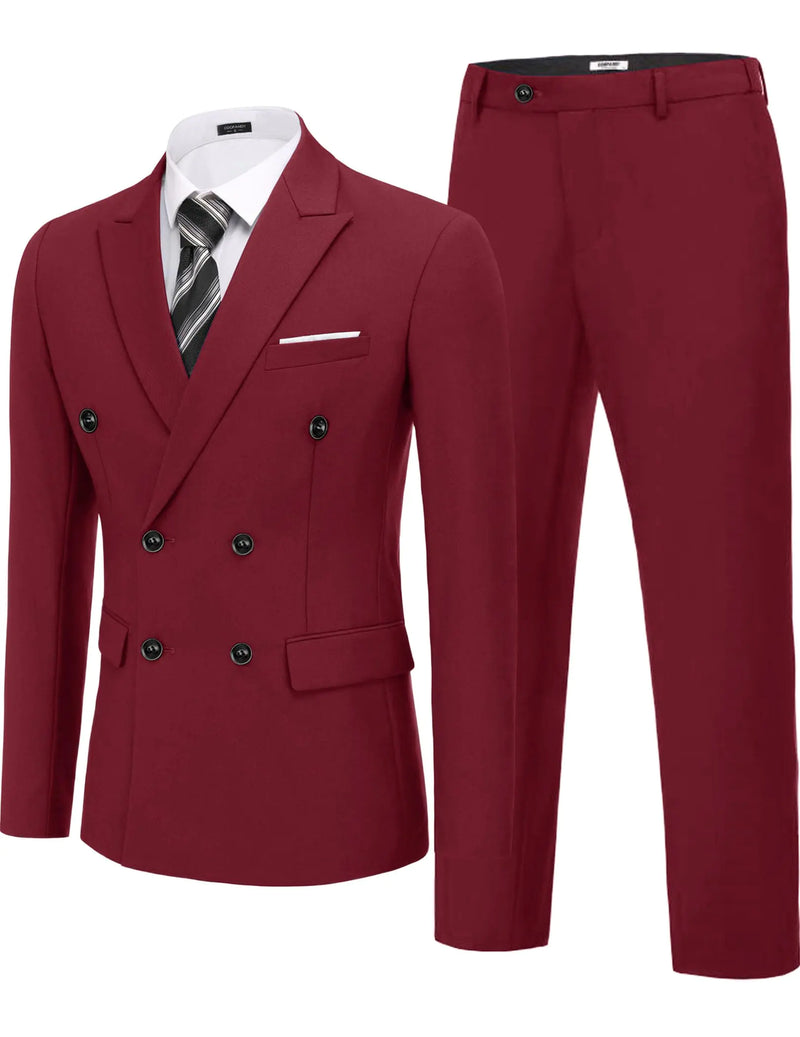 COOFANDY Mens 2 Piece Double Breasted Suit Slim Fit Tuxedo Blazer and Pants for Wedding Business Dinner Prom Wine Red