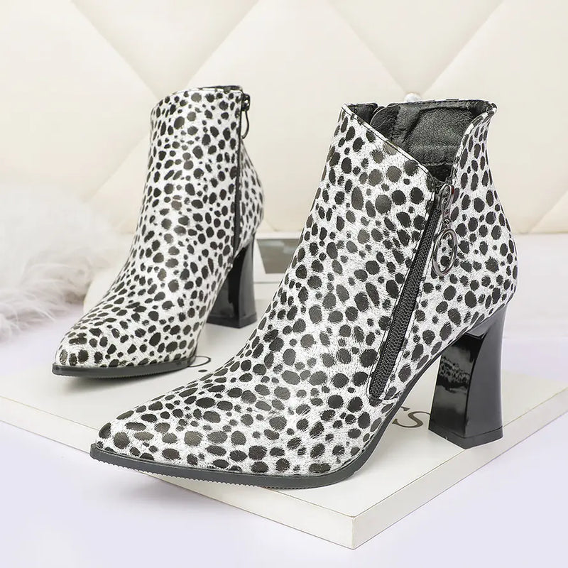Pointed Leopard Print Ankle Boots with Thick Heel