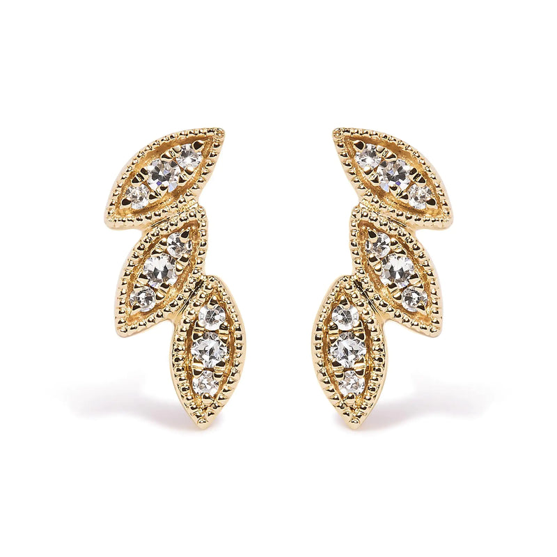 10K Yellow Gold 1/10 Cttw Diamond Triple Leaf Stud Earring (H-I Color, I1-I2 Clarity)