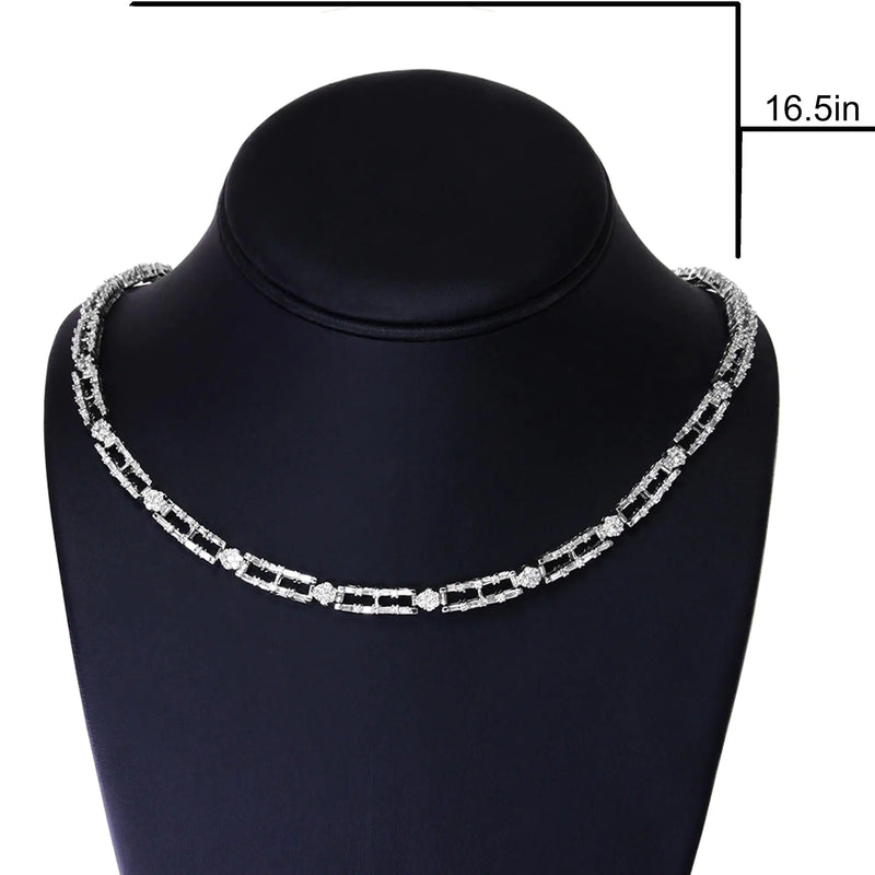 AGS Certified 14K White Gold 8 1/2 Cttw Diamond Alternating Bar and Floral Cluster Link 18" Choker Necklace (G-H Color, SI2-I1 Clarity)