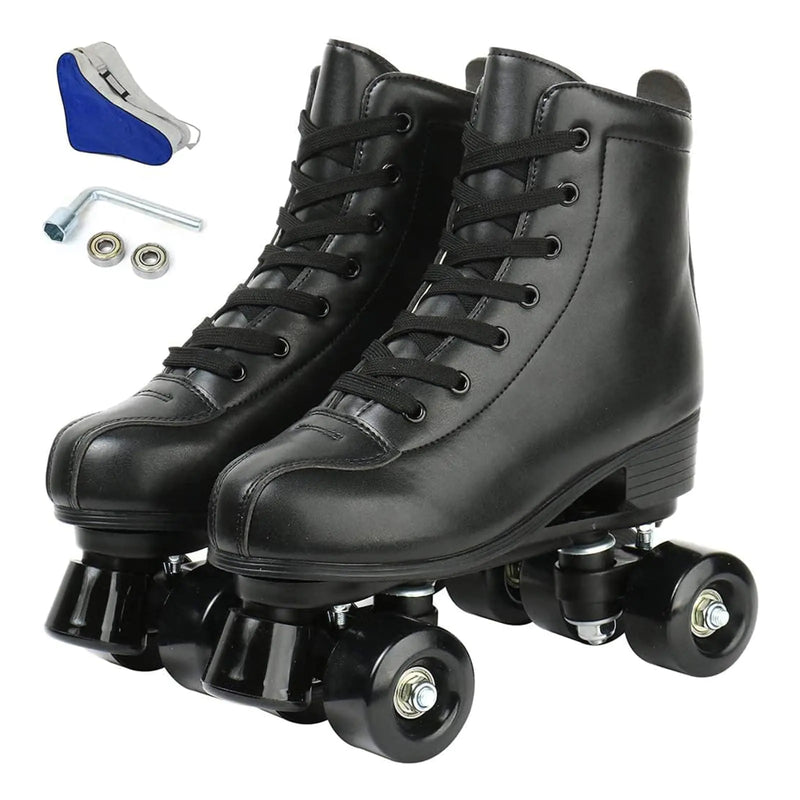 Womens Roller Skates Light Up Wheels Artificial Leather Adjustable Double Row 4 Wheels Black Roller Skates Shiny Roller Skates Outdoor (Black Wheel38)
