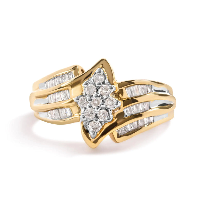 10K Yellow Gold 1/2 Cttw Round And Baguette-cut Diamond Cluster Head and Channel Set Shank Ring (H-I Color, I1-I2 Clarity)