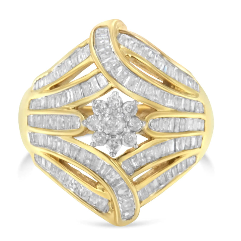 10K Yellow Gold Flashed .925 Sterling Silver 1-1/8 Cttw Round & Baguette Diamond &