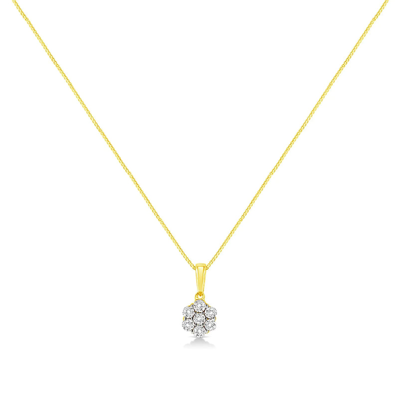 14K Yellow Gold 1/4 Cttw Prong Set Round-Cut Diamond 7 Stone Floral Cluster 18" Pendant Necklace (H-I Color, I1-I2 Clarity)