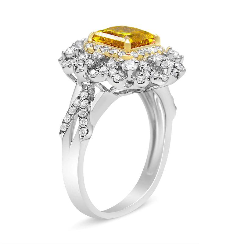 18K Yellow and White Gold 2.35 Cttw Yellow Princess Lab Grown Center Diamond Cluster Halo Cocktail Ring (Yellow/G-H Color, VS1-VS2 Clarity)