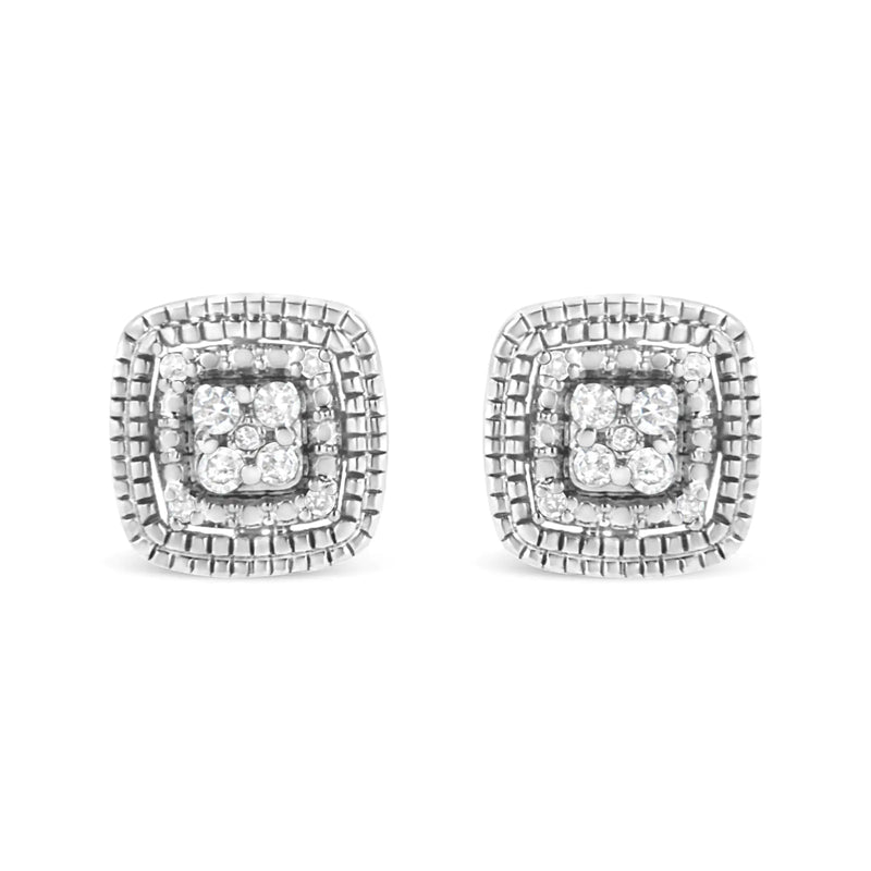 .925 Sterling Silver 1/10 Cttw Prong-Set Round Cut Diamond Square Shape with Milgrain Halo Stud Earrings (I-J Color, I2-I3 Clarity)