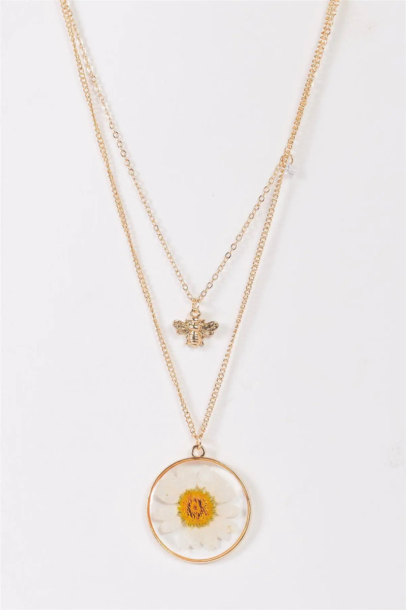 Gold Chain Real Daisy Bee Faux Diamond Pendants Necklace