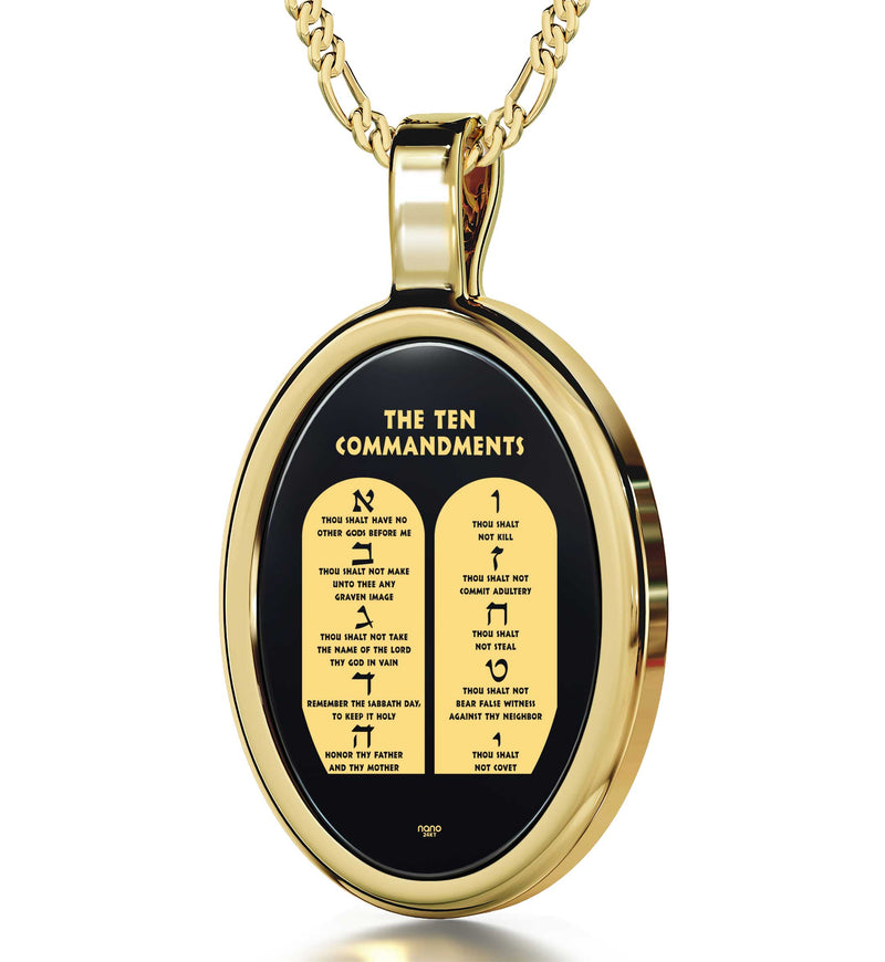 10 Commandments Necklace Hebrew Pendant 24k Gold Inscribed on Onyx