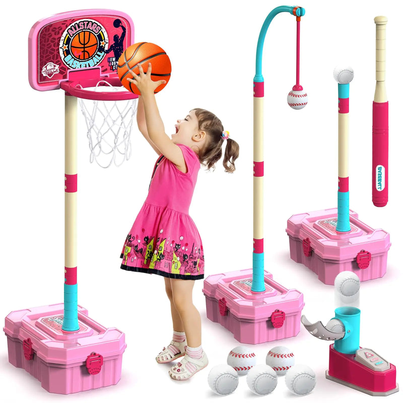 Bitbeebin Kids Basketball Hoop and T-Ball Set for Kids 3-5 3 Adjustable Toddler Basketball Hoop Indoor Outdoor Kids Toys Birthday Gift for Boys Girls