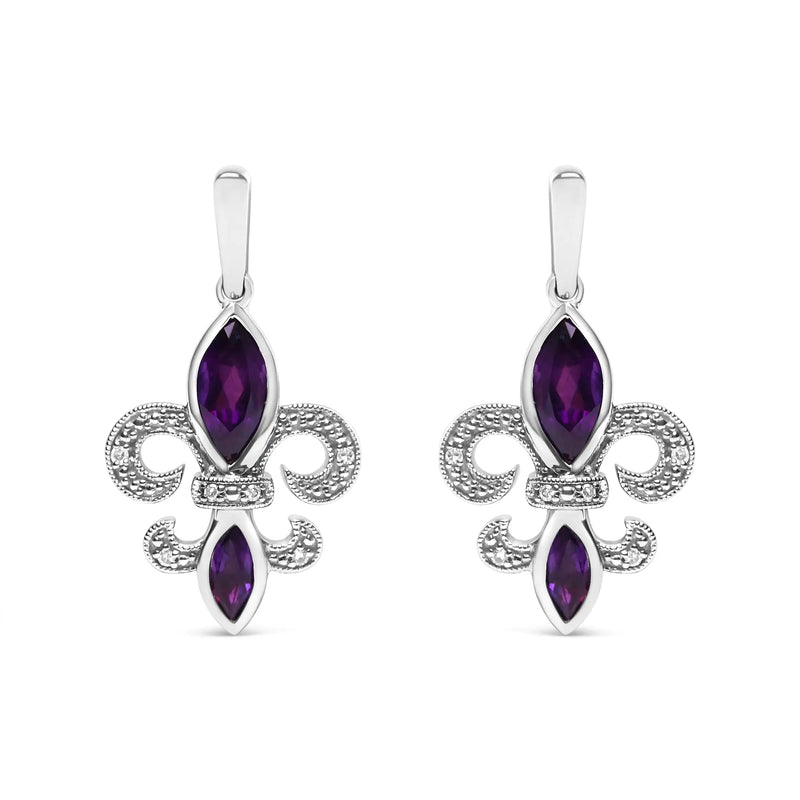 .925 Sterling Silver Marquise Cut Amethyst and Diamond Accent Fleur De Lis Dangle Stud Earrings (H-I Color, SI1-SI2 Clarity)