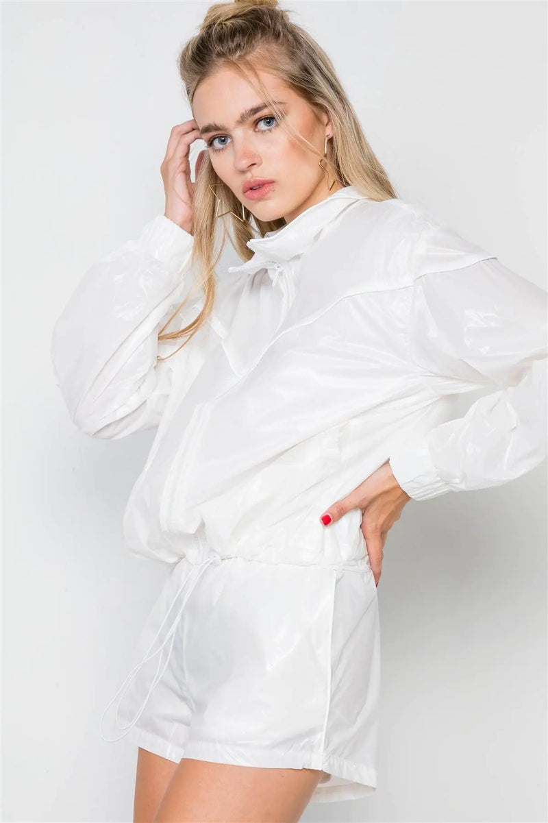 White Windbreaker Zip-Up Jacket Short Set /2-2-2