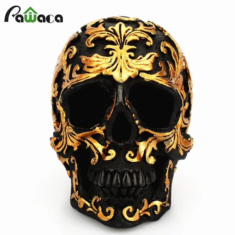 Resin Craft Black Skull Head Golden Carving