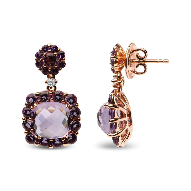 18K Rose Gold Diamond Accent and Pink and Purple Amethyst Gemstone Halo Dangle Drop Earrings (G-H Color, SI1-SI2 Clarity)