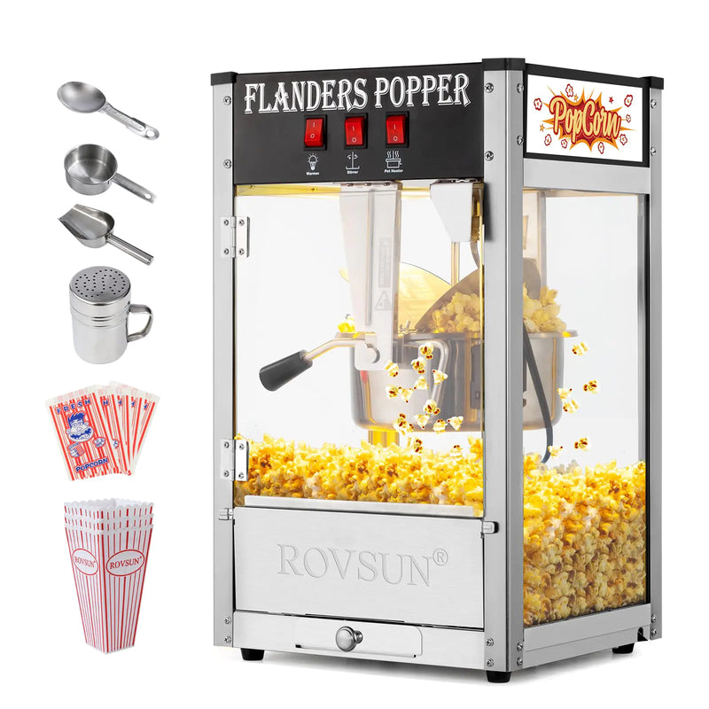 ROVSUN Popcorn Machine Movie Theater Style with 8 Ounce Kettle Makes Up to 32 Cups Countertop Popcorn Maker Commercial Popcorn Machine w/Stainless Steel Scoop Oil Spoon & 3 Popcorn Cups Black