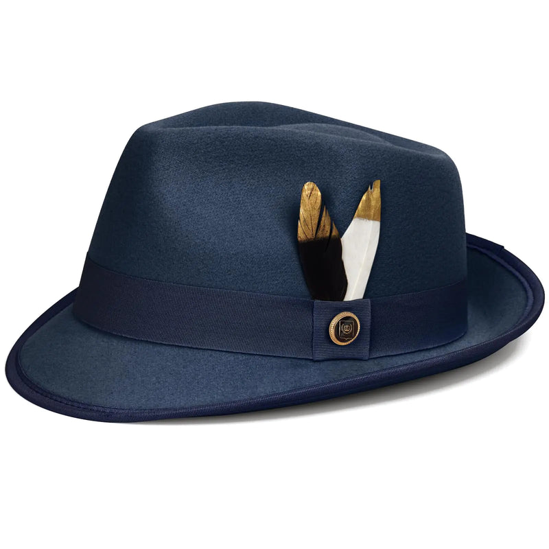 FADACHY Fedora Hats for Men & Women Short Brim Felt Hat Trilby Fedora with Feather Panama Dress Hat Navy Blue Fedora L-XL