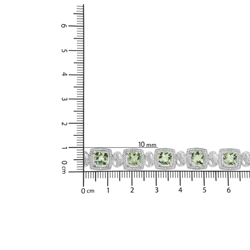 .925 Sterling Silver 7x7 mm Cushion Cut Green Amethyst and 1/10 cttw Single Cut Diamond Square Shape Tennis Bracelet (I-J Color, I1-I2 Clarity) - 7"