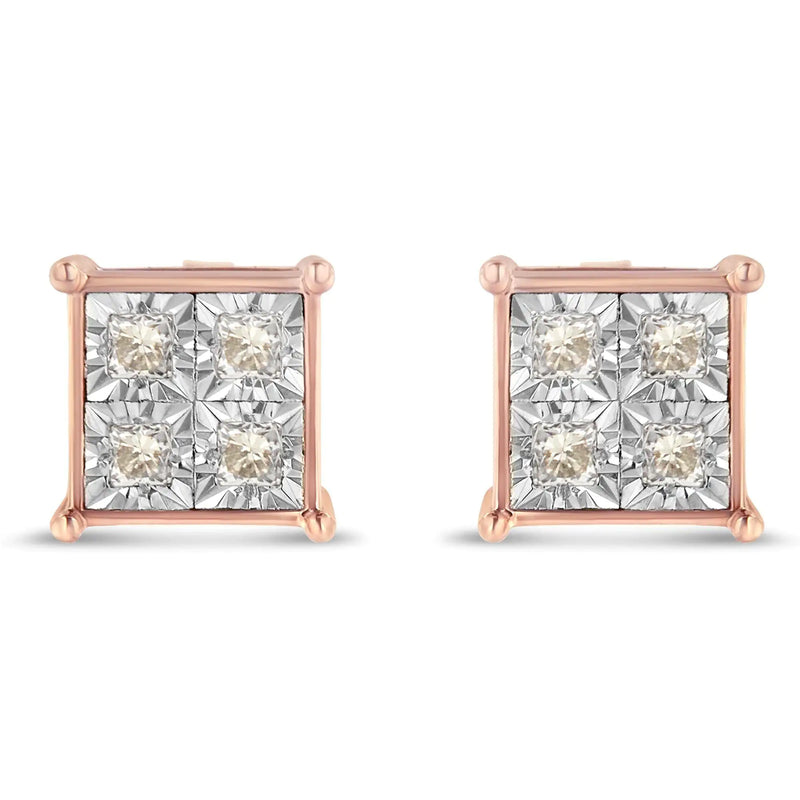 Rose Plated Sterling silver Princess Diamond Quad Stud Earrings (0.5 cttw, J-K Color, I1-I2 Clarity)