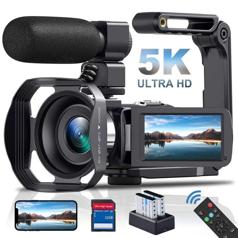 5K Camcorder Video Camera HD 64MP Camcorder 18X Digital Zoom with IR Night Version Vlogging Camera for Youtube 3.0" LCD Touch Screen with WIFI Lens Hood 32 GB SD Card and Remote Control Microphone