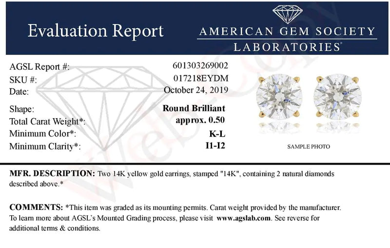 AGS Certified 1/2 Cttw Round Brilliant-Cut Diamond 14K Yellow Gold Classic 4-Prong Solitaire Stud Earrings (K-L Color, I1-I2 Clarity)