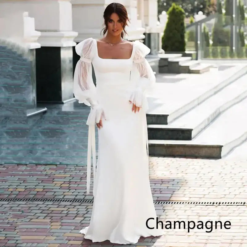 Elegant Satin Mermaid Wedding Dress with Puff Sleeves