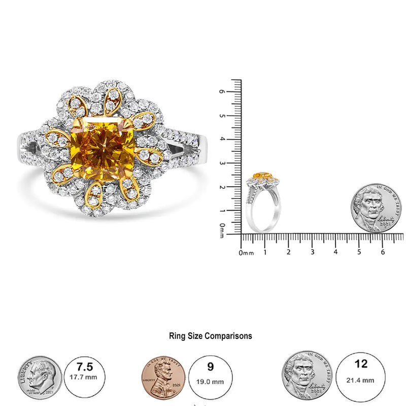 18K White and Yellow Gold 2.17 Cttw Yellow Radiant Lab Grown Center Diamond Flower Ring (Yellow/G-H Color, VS1-VS2 Clarity)