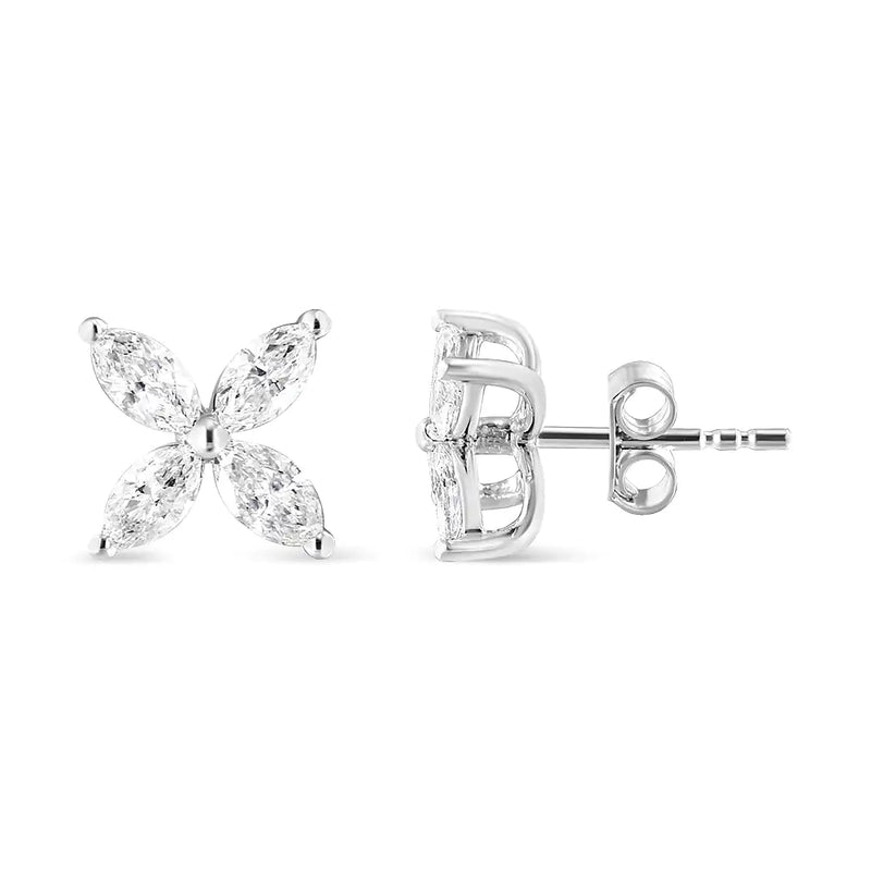 14K White Gold 1.0 Cttw Lab Grown Marquise Diamond 8 Stone Floral Leaf Stud Earrings (F-G Color, VS2-SI1 Clarity)