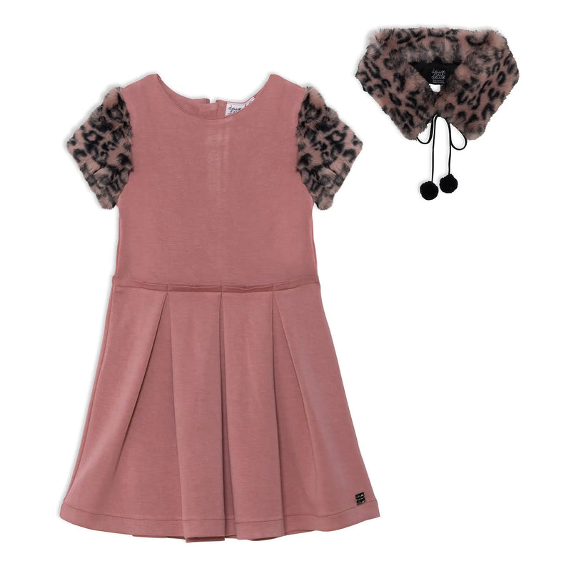 Short Sleeve Fake Fur Dress Dusty Rose Animal Print