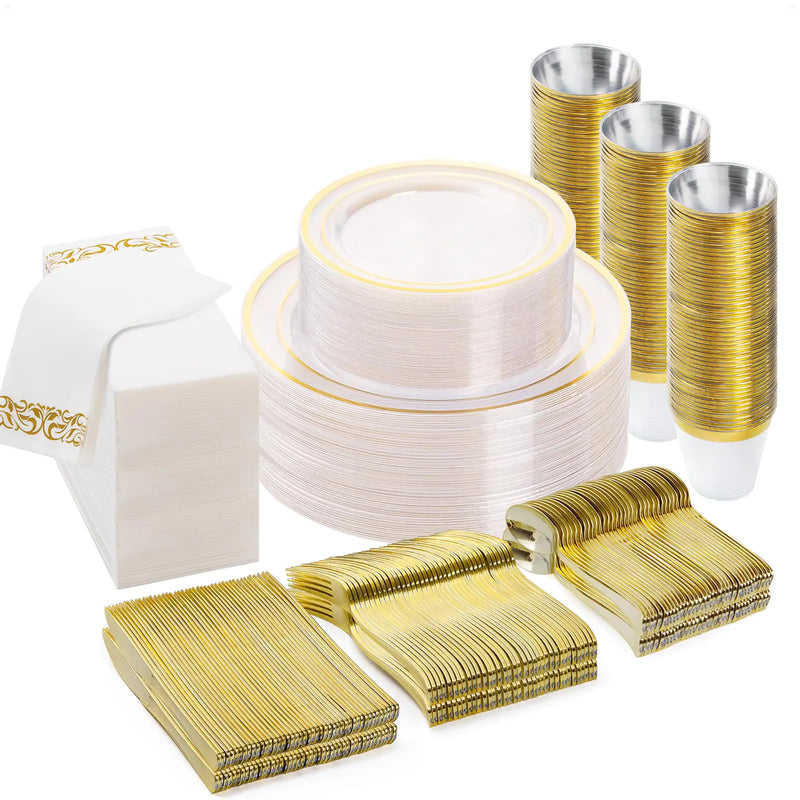 BESTVIP 350PCS Clear Gold Disposable Dinnerware Set (50 Guests) Plastic Plates for Party Wedding Include: 100 Plastic Plates 50 Gold Silverware 50 Cups 50 Napkins