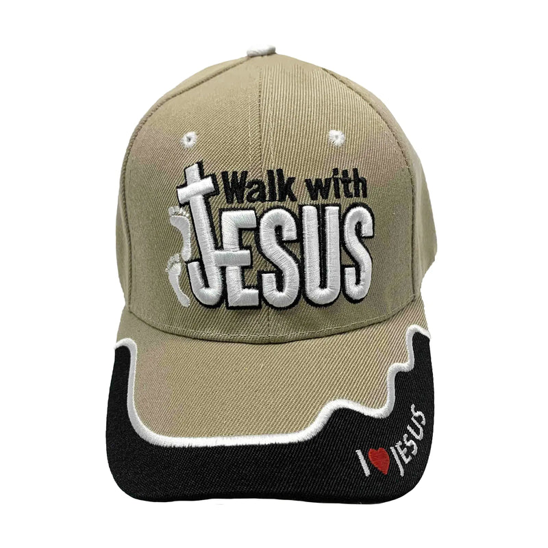 Walk with Jesus | Khaki Christian Hats for Men Womens Baseball Hat | One Size Adjustable Velcro Strap Baseball Cap | Inspirational Dad Hats for Christians