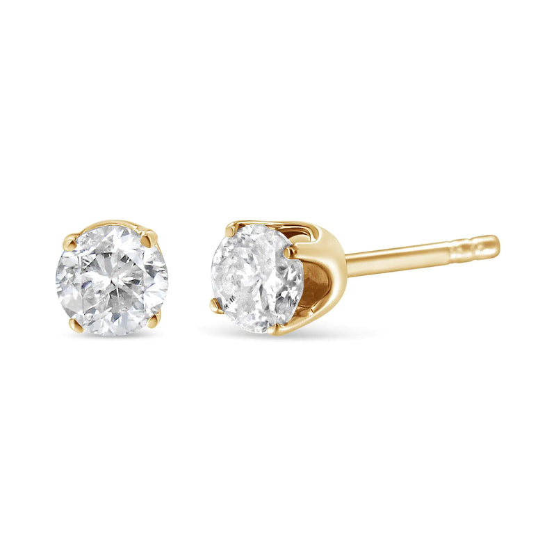 14K Yellow Gold 1/3 Cttw Prong Set Round Brilliant Cut Diamond Solitaire Push Back Stud Earrings (J-K Color, I1-I2 Clarity)