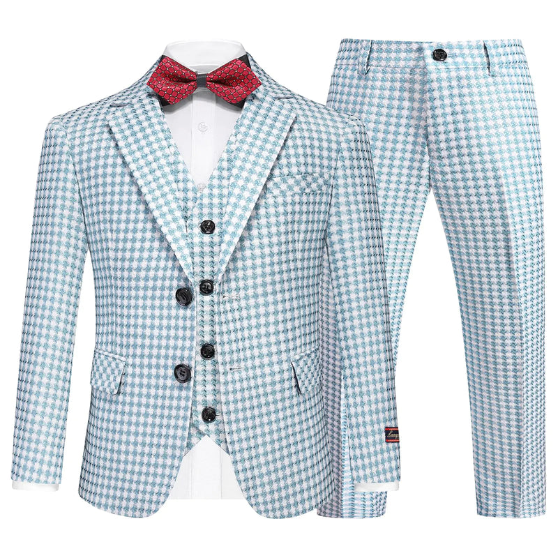 Lamgool Boys Suits 3 Piece Slim Fit Tuxedo Houndstooth Sky Blue Blazer Jacket Pant Size 16 for Kids Prom Wedding Formal Suit Set