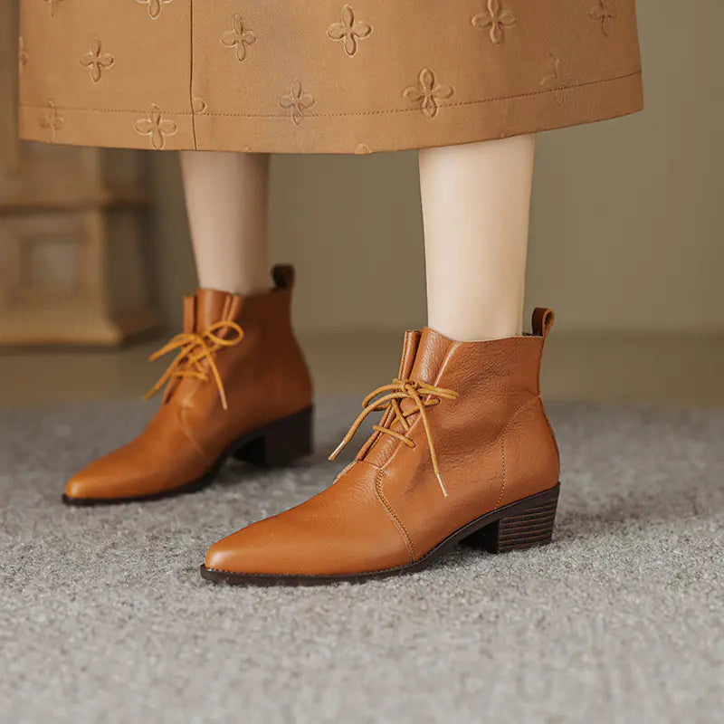 Pointed-Toe Lace Chunky Heel Cowhide Martin Boots