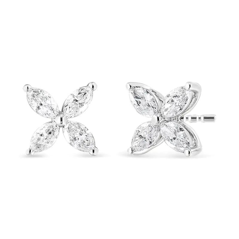 14K White Gold 1.0 Cttw Lab Grown Marquise Diamond 8 Stone Floral Leaf Stud Earrings (F-G Color, VS2-SI1 Clarity)