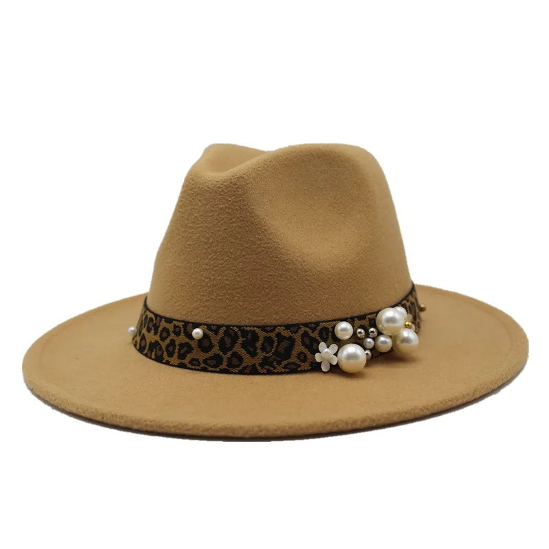 Fashion Pearl Leopard Print Wool Fedora Hat for Women