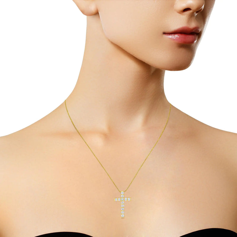 10K Yellow Gold 1/2 Cttw Round Brilliant Cut Diamond Cross 18" Pendant Necklace (J-K Color, I2-I3 Clarity)