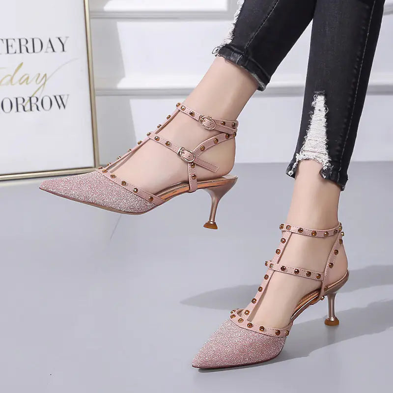 Pointed Toe Stiletto Sandals with Studded Straps