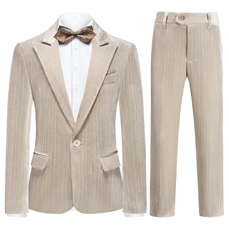 Lamgool Boys Velvet Suit 2 Piece Slim Fit Tuxedo Formal Outfit Size 12 Khaki Blazer Jacket Pant for Kids Wedding Ring Bearer