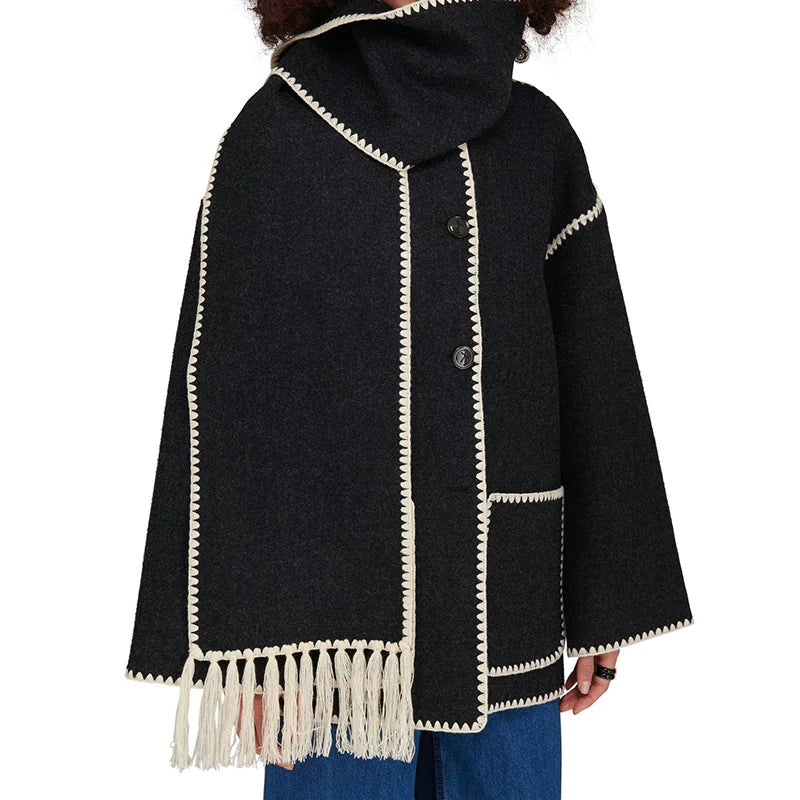 Woolen Long Sleeve Jacket with Scarf - Loose Fit