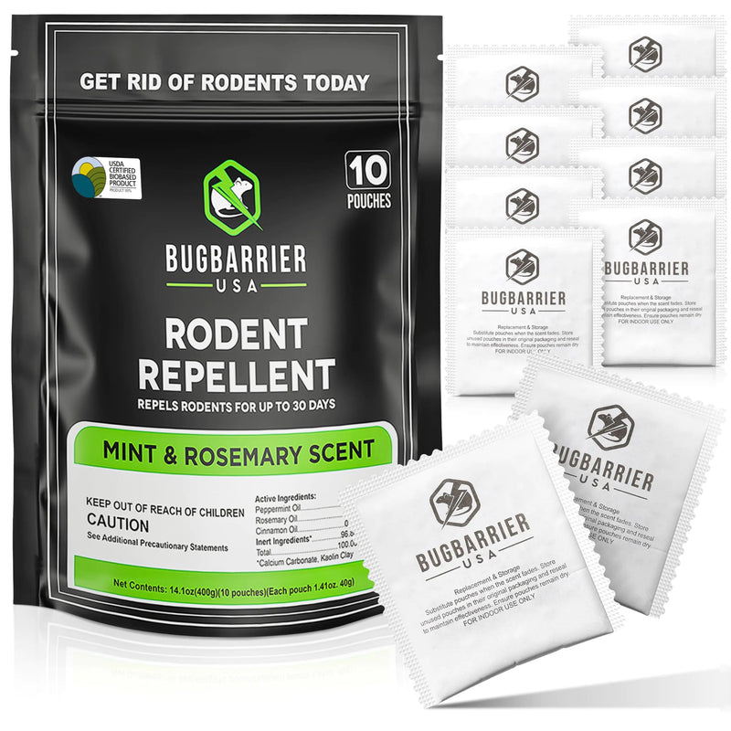 BugBarriers Extra-Strength Mouse Repellent Deterrent Pouches USDA 99% Biobased Peppermint & Rosemary Oils Repel Mice Nesting in Car RV Boat Garage Shed Cabin Made in The USA (Pack of 10)