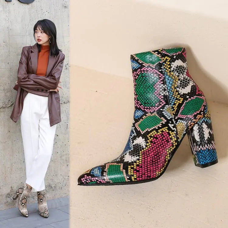 Snake Print Thick Heel Ankle Martin Boots